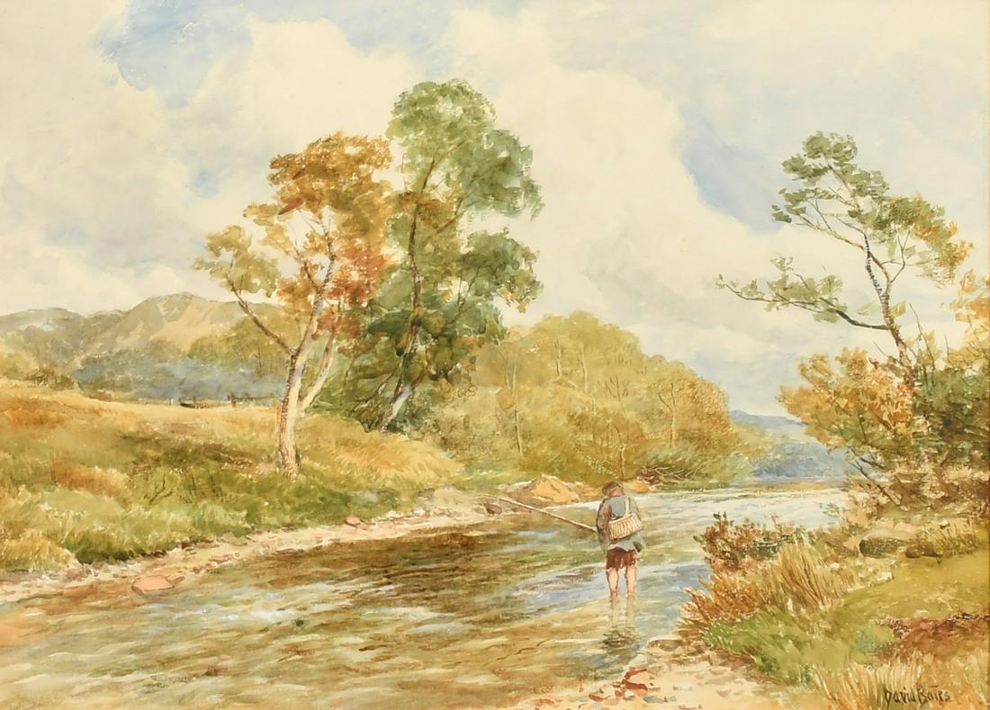 David Bates (1840-1921) British, 'The Trout Fisher', watercolour, signed, 9.75" x 13.75", (25x35cm).: David Bates (1840-1921) British, 'The Trout Fisher', watercolour, signed, 9.75" x 13.75", (25x35cm).