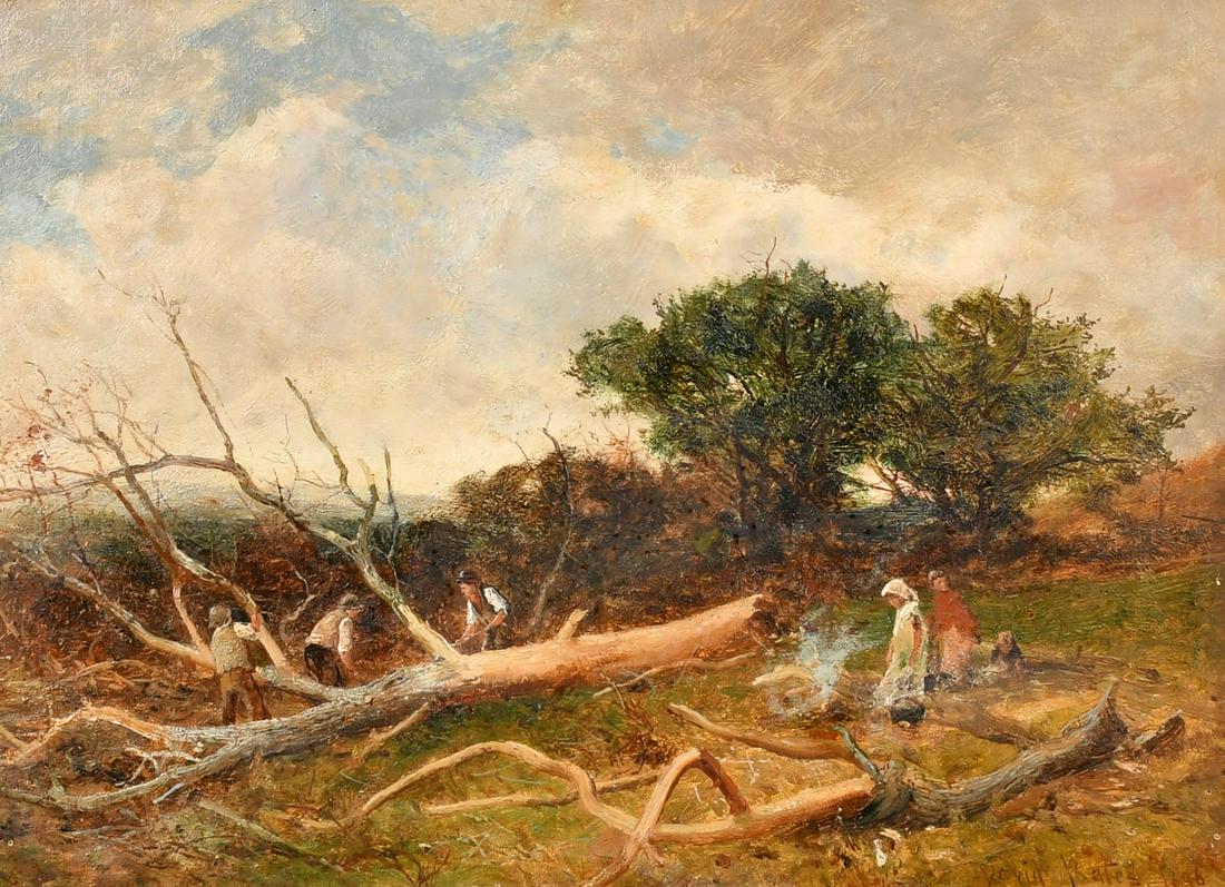 David Bates (1840-1921) British, A landscape with men chopping a fallen tree with other figures near: David Bates (1840-1921) British, A landscape with men chopping a fallen tree with other figures near a fire, oil on canvas, signed and dated 1896, 10" x 13.75", (25x35cm).