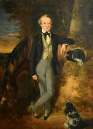 Mid-19th Century English School, a portrait of a young gentleman with top hat and cane accompanied