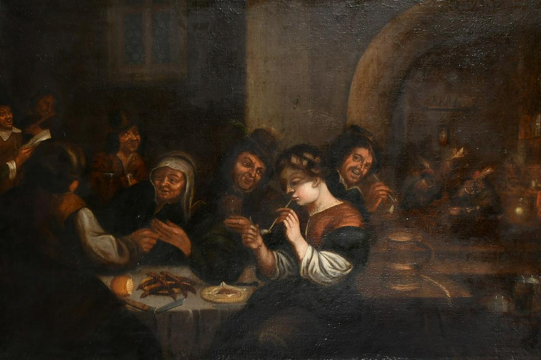 18th Century Dutch School, figures and monkeys in a bustling tavern interior, oil on canvas, 34" x: 18th Century Dutch School, figures and monkeys in a bustling tavern interior, oil on canvas, 34" x 48.75" (86 x 124cm), unframed.
