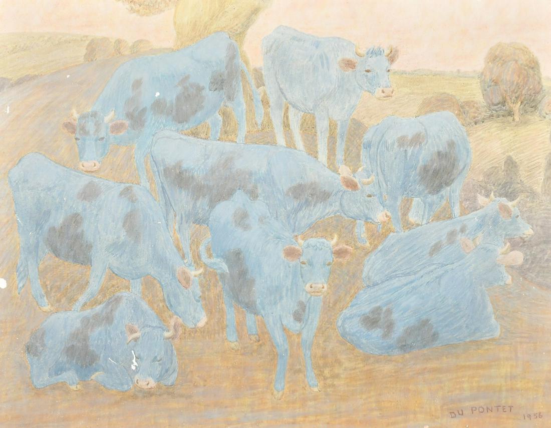 Modern British, Cattle in a field, tempera on panel, signed Du Pontet and dated 1956, 14.25" x 18",: Modern British, Cattle in a field, tempera on panel, signed Du Pontet and dated 1956, 14.25" x 18", (36.5 x46cm) (unframed).