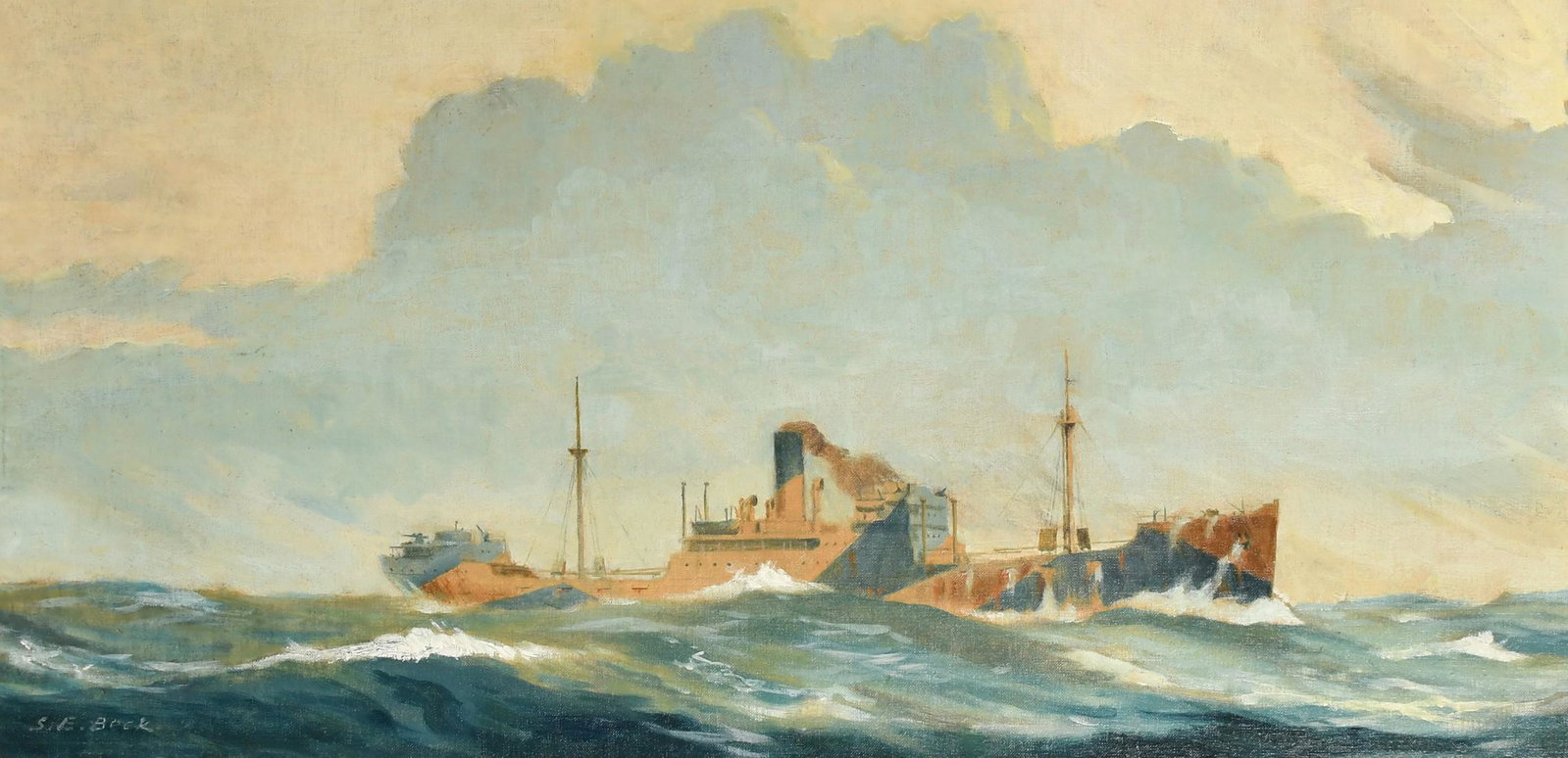 S. E. Beck (1903-2000) British, An armed merchant vessel, oil on canvas, signed, 14" x 28",: S. E. Beck (1903-2000) British, An armed merchant vessel, oil on canvas, signed, 14" x 28", (36x71cm).