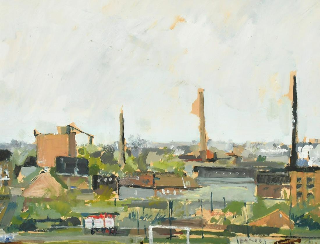 20th Century, a sketch of an industrial landscape, oil on paper, 20" x 26" (51 x 66cm).: 20th Century, a sketch of an industrial landscape, oil on paper, 20" x 26" (51 x 66cm).