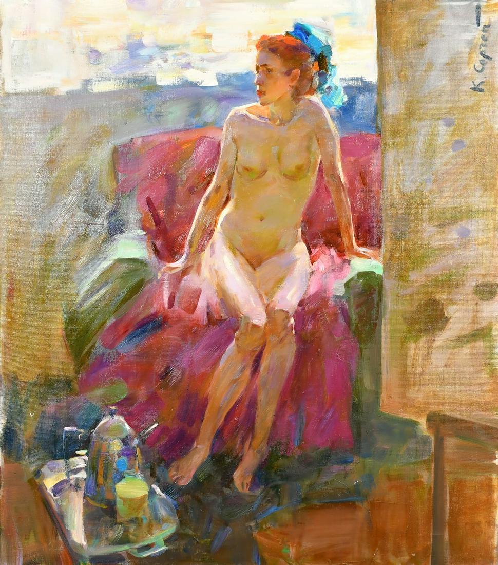 Sergey Kovalenko (b. 1980) Ukraine, 'In the Workshop' a study of a female nude, oil on canvas,: Sergey Kovalenko (b. 1980) Ukraine, 'In the Workshop' a study of a female nude, oil on canvas, signed, 31.5" x 27.75", (80 x 70cm), (unframed).