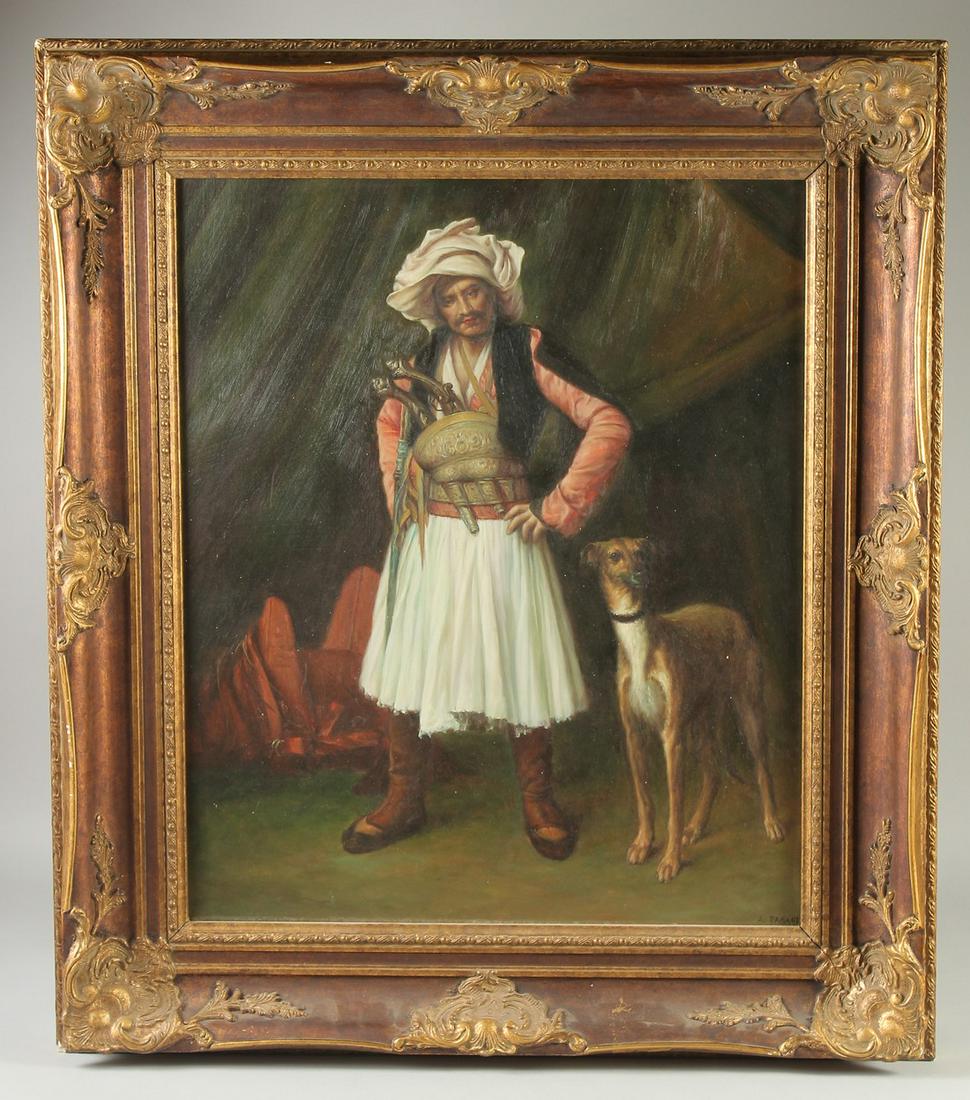AFTER JEAN-LEON GEROME; AN ORIENTAL OIL PAINTING ON CANVASS, depicting the standing figure of: AFTER JEAN-LEON GEROME; AN ORIENTAL OIL PAINTING ON CANVASS, depicting the standing figure of Bashi-Bazouk bearing pistols; his dog stood beside him, signed A. Pagani, inset within a gilded wooden fra