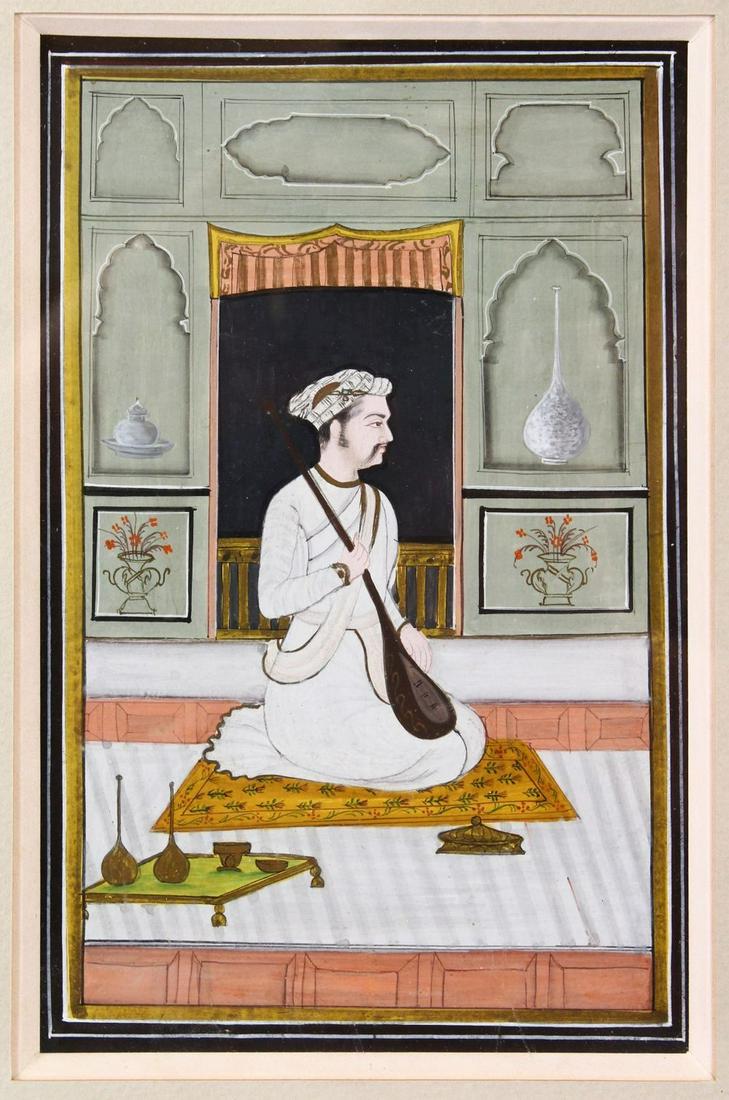 AN INDIAN MINIATURE PAINTING depicting a seated prince holding a sitar, image size 18cm x 11cm.: AN INDIAN MINIATURE PAINTING depicting a seated prince holding a sitar, image size 18cm x 11cm.
