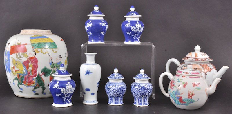 TWO 18TH CENTURY CHINESE EXPORT TEAPOTS AND COVER: TWO 18TH CENTURY CHINESE EXPORT TEAPOTS AND COVERS together with five miniature ginger jars and covers, a polychromed ginger jar & a vase. Some damage. (9)