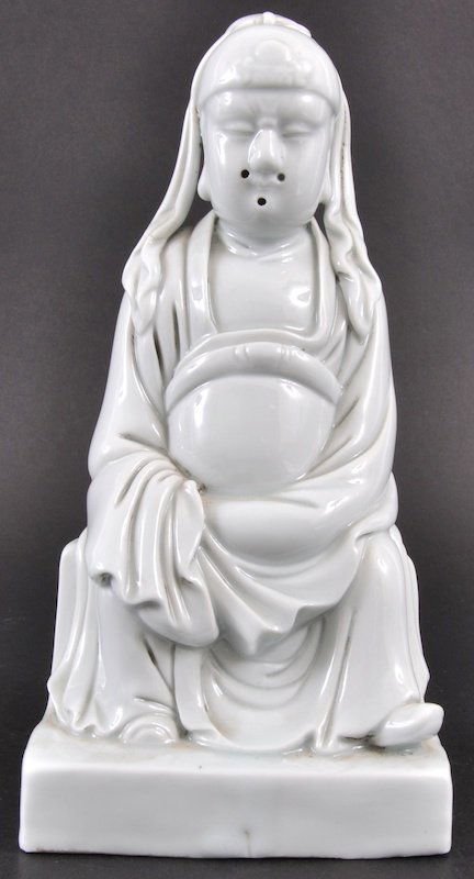 AN EARLY 20TH CENTURY CHINESE BLANC DE CHINE FIGUR: AN EARLY 20TH CENTURY CHINESE BLANC DE CHINE FIGURE OF A SCHOLAR modelled seated in flowing robes. Firing crack. 8. 75ins high.