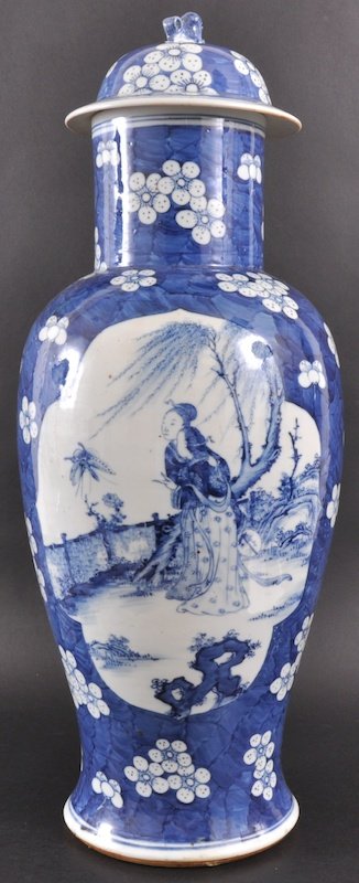 A GOOD 19TH CENTURY CHINESE BLUE AND WHITE BALUSTE: A GOOD 19TH CENTURY CHINESE BLUE AND WHITE BALUSTER VASE AND COVER well painted with two girls viewing a butterfly within a landscape. Good condition. 2ft 1ins high.