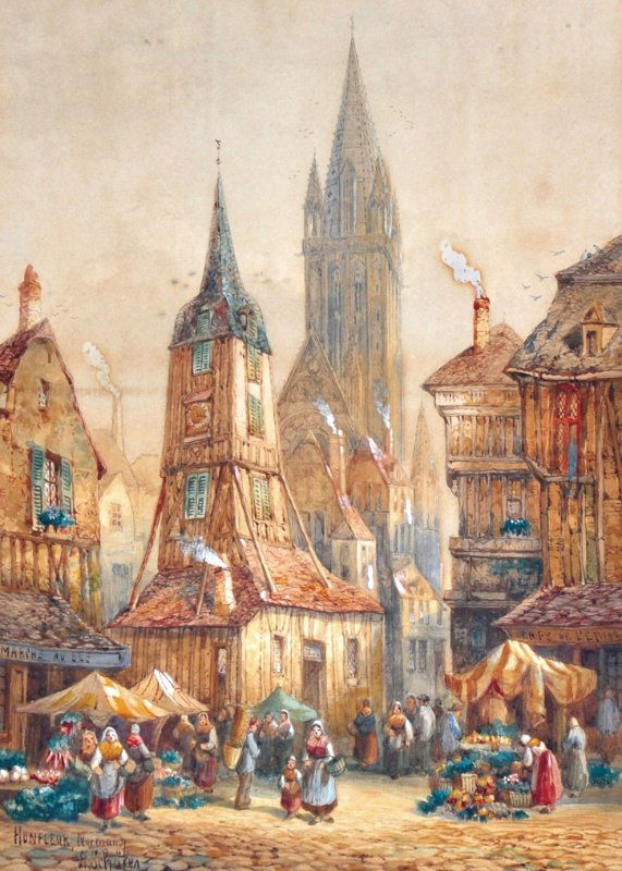 HENRY THOMAS SCHAFFER (1854-1915) BRITISH: HENRY THOMAS SCHAFFER (1854-1915) BRITISH “Honfleur, Normandy”, a French market scene and companion scene, market in front of a cathedral. Signed. Watercolour. 17 x 12ins.