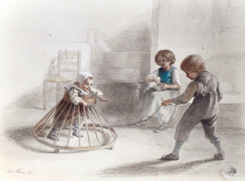 EDOUARD FRERE (1819-1886) FRENCH: EDOUARD FRERE (1819-1886) FRENCH “First Steps” and interior with young children. Signed and dated ’71. Watercolour.10.5 x 13.5ins.