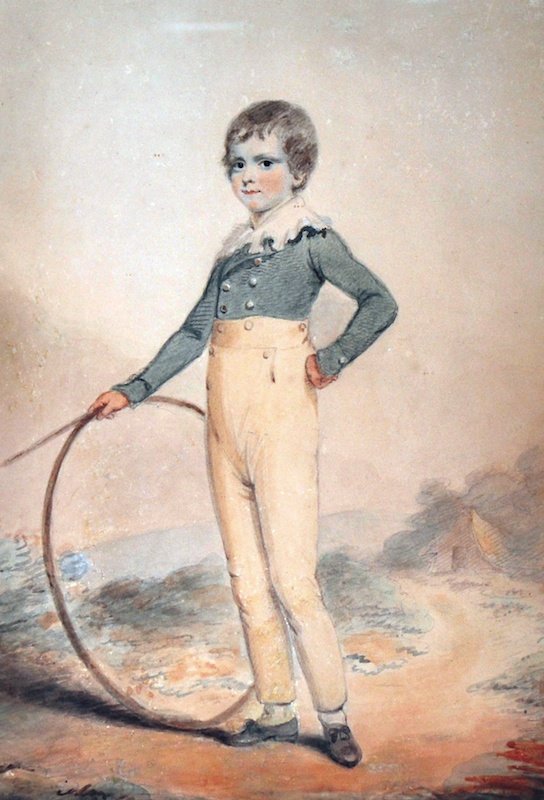 19TH CENTURY ENGLISH SCHOOL: 19TH CENTURY ENGLISH SCHOOL A young boy with a hoop. Watercolour. 13 x 9.5ins.