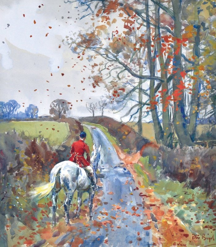 PETER BIEGEL (1913-1988) BRITISH: PETER BIEGEL (1913-1988) BRITISH ‘A View’, a huntsman on a country road with a fox running for cover. Watercolour. Signed and inscribed. 15 x 13.25ins.