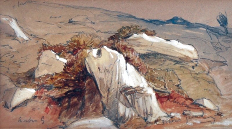 WILLIAM EVANS of ETON (19TH CENTURY) BRITISH: WILLIAM EVANS of ETON (19TH CENTURY) BRITISH A sketch of a rocky landscape. Watercolour and pencil, extensively inscribed and signed on reverse. 4 x 7ins.