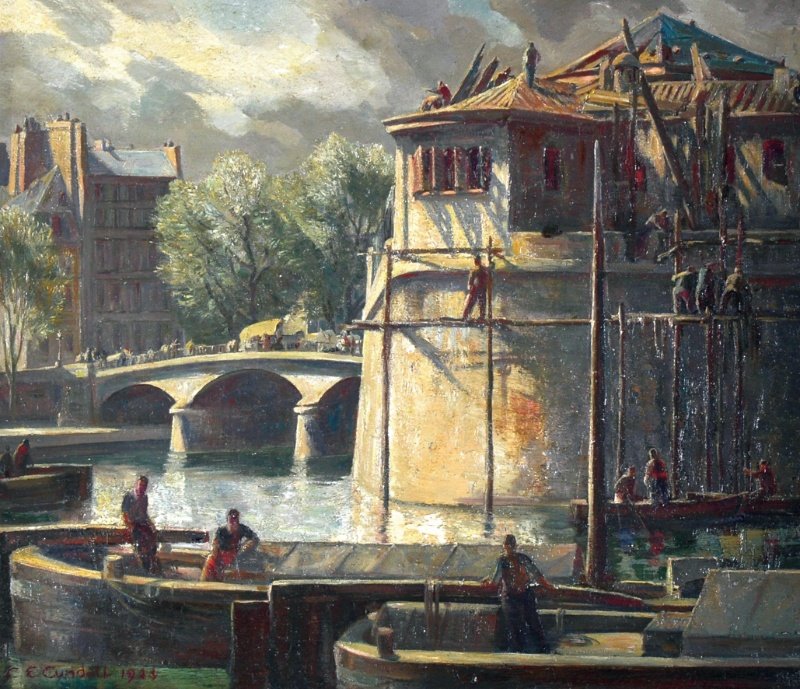 CHARLES E. CUNDALL (1890-1971) BRITISH: CHARLES E. CUNDALL (1890-1971) BRITISH “Old Paris” canal scene with barges and figures. Signed. Oil on Panel. 14 x 16ins.