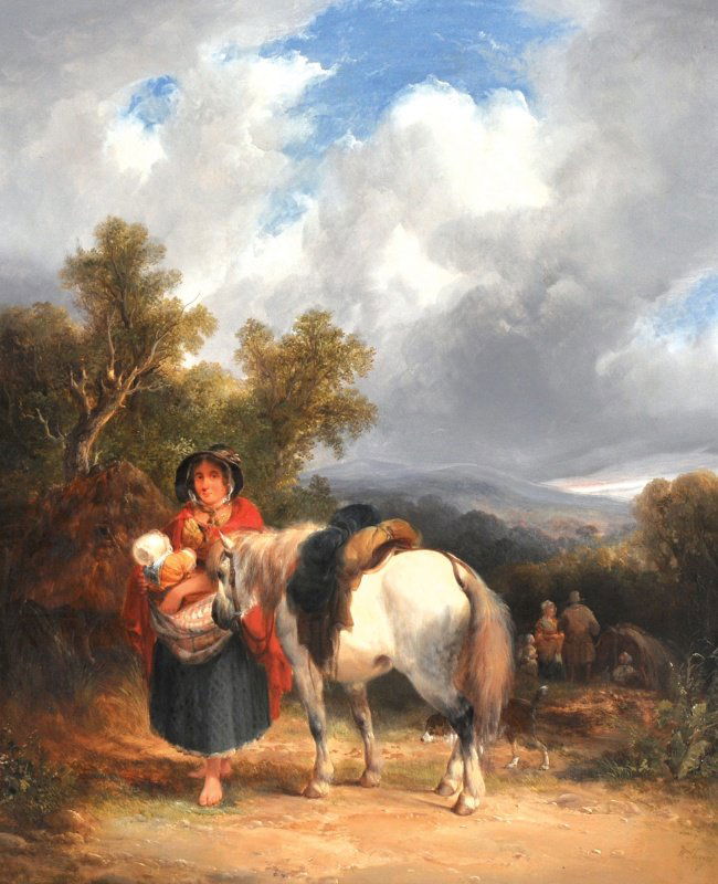 WILLIAM SHAYER SENIOR (1788-1879) BRITISH: WILLIAM SHAYER SENIOR (1788-1879) BRITISH ‘A Gypsy Encampment’ with a mother and child standing by a white pony. Oil on Panel. Signed. 24 x 20ins.