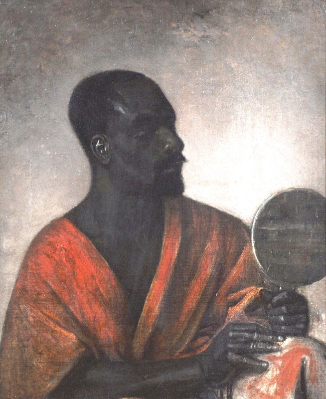 ATTRIBUTED TO: MARIANO FORTUNY Y CARDO (1838-1874): ATTRIBUTED TO: MARIANO FORTUNY Y CARDO (1838-1874) SPANISH An Arab looking into a hand mirror. Oil on canvas. Signed. 18 x 14.5ins.