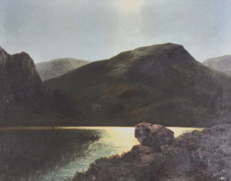 JAMES BURRELL SMITH (1822-1897) BRITISH: JAMES BURRELL SMITH (1822-1897) BRITISH A moonlit loch scene with figures in a boat. Oil on canvas. Signed and dated 1884. 28 x 36ins.
