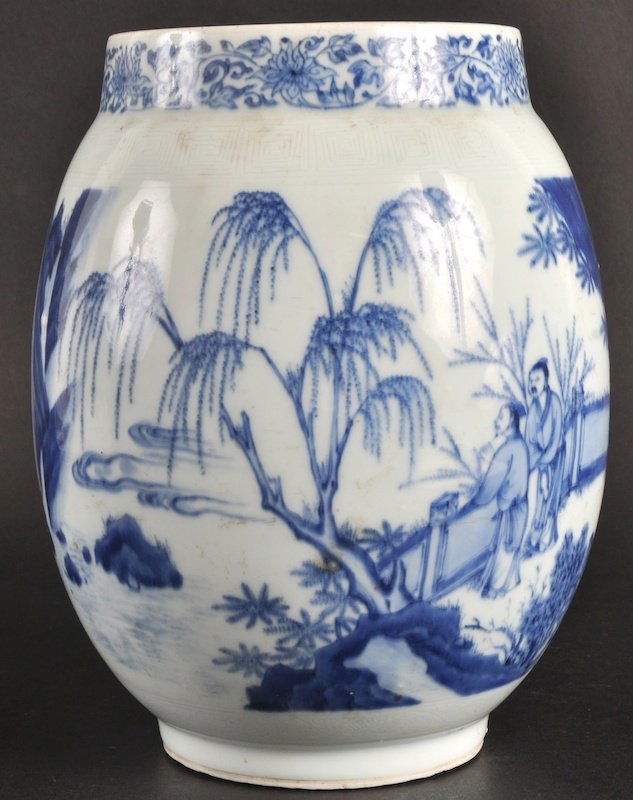 A GOOD 19TH CENTURY CHINESE BLUE AND WHITE BALUST: A GOOD 19TH CENTURY CHINESE BLUE AND WHITE BALUSTER JAR of Transitional design, painted with scholars seated within a landscape. Few rim nicks, two short hairlines.8.75ins high.