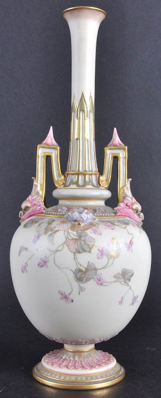 A ROYAL WORCESTER TWO HANDLED VASE, 12ins high, p: A ROYAL WORCESTER TWO HANDLED VASE, 12ins high, painted with trailing vines, Circa 1890, Shaped No. 1406.