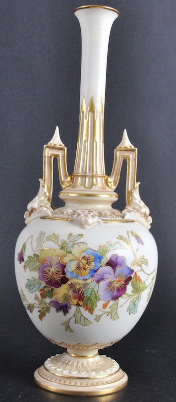 A ROYAL WORCESTER TWO HANDLED VASE, 12ins high, p: A ROYAL WORCESTER TWO HANDLED VASE, 12ins high, painted with coloured pansies, Circa 1890, Shaped No. 1406.