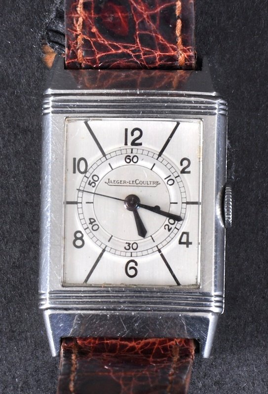A LOVELY JAEGAR LE COUTRE REVERSO WATCH C1930 wi: A LOVELY JAEGAR LE COUTRE REVERSO WATCH C1930 with sweep second hand, replacement leather strap. Reg 12311.