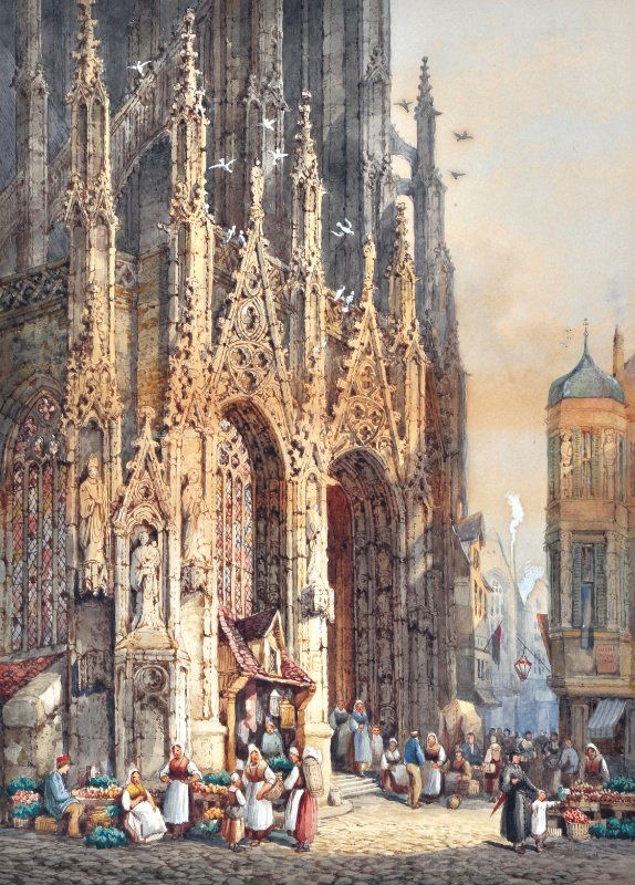 HENRY THOMAS SCHAFFER (1854-1915) BRITISH - "Honfle: HENRY THOMAS SCHAFFER (1854-1915) BRITISH - "Honfleur, Normandy", A French market scene and companion scene, Market on front of a cathedral, a pair. Watercolours. Signed. 17" x 12".