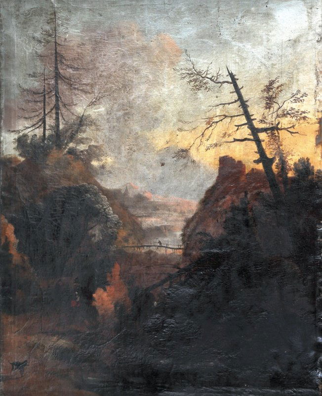 18TH CENTURY DUTCH SCHOOL - Extensive Landscape Wi: 18TH CENTURY DUTCH SCHOOL - Extensive Landscape With A Woman And Dog In The Foreground And A Man Crossing A Bridge In The Distance. Oil On Canvas. Unframed. 49" x 39.5".