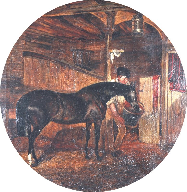 AFTER JOHN FREDERICK HERRING JR. (1815-1907) BRITI: AFTER JOHN FREDERICK HERRING JR. (1815-1907) BRITISH - Interior Of A Stable With Groom Watering A Horse. Oil On Canvas. Painted Tondo. 27.5".