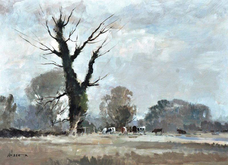 EDWARD WESSON (1910-1983) BRITISH - Winter Fields: EDWARD WESSON (1910-1983) BRITISH - Winter Fields Wilts. Landscape With Cattle In Field. Oil On Panel. Signed. 16" x 22".