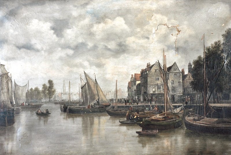 WILLIAM HOWARD (19TH CENTURY) BRITISH - "Old Quay,: WILLIAM HOWARD (19TH CENTURY) BRITISH - "Old Quay, Rotterdam" Canal Scene With Barges And Figures. Signed. Oil On Canvas. 24" x 36".