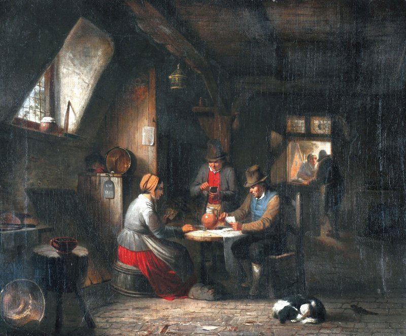 19TH CENTURY DUTCH SCHOOL - Interior With Figures,: 19TH CENTURY DUTCH SCHOOL - Interior With Figures, a Man and Woman Playing Cards, A Dog Asleep. Monogrammed CV. Oil On Canvas. 17" x 21".