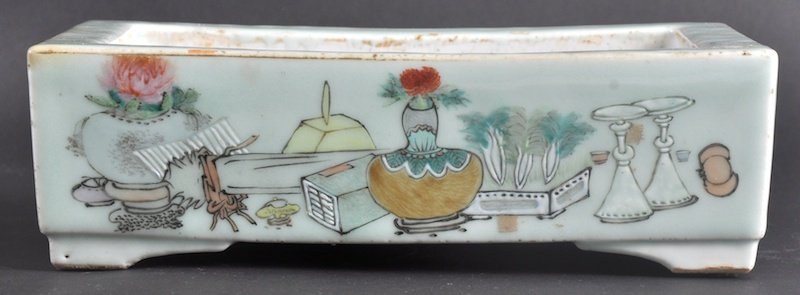 A 19TH CENTURY CHINESE GREEN CELADON RECTANGULAR B: A 19TH CENTURY CHINESE GREEN CELADON RECTANGULAR BRUSH WASHER painted with landscapes and calligraphy. Signed. Minor wear. 8. 75ins wide.