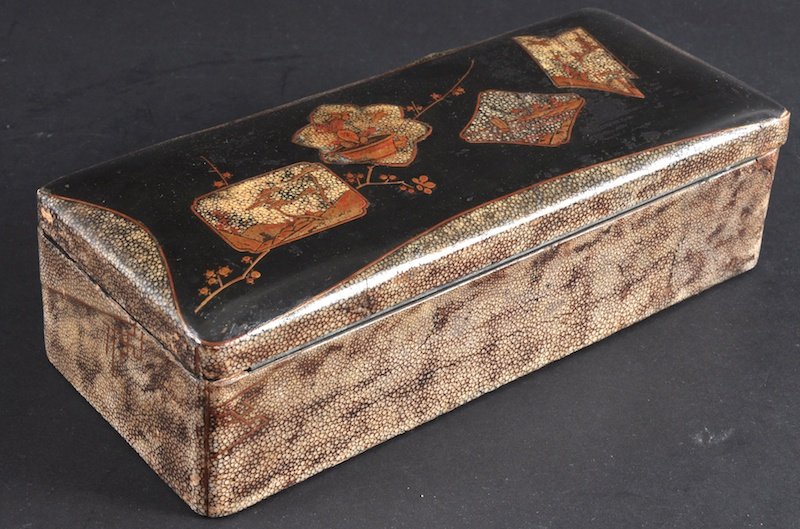 AN UNUSUAL LATE 19TH CENTURY JAPANESE SHAGREEN REC: AN UNUSUAL LATE 19TH CENTURY JAPANESE SHAGREEN RECTANGULAR BOX decorated with panels of foliage. Minor faults. 11ins wide.
