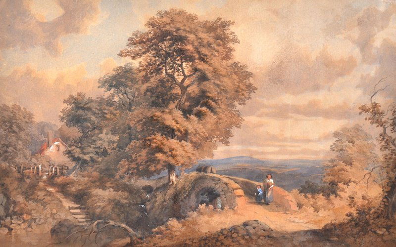 James Burrell Smith. (1822-1897) British. River: James Burrell Smith. (1822-1897) British. River landscape with figures crossing a bridge, Watercolour, Signed, 11” x 17”