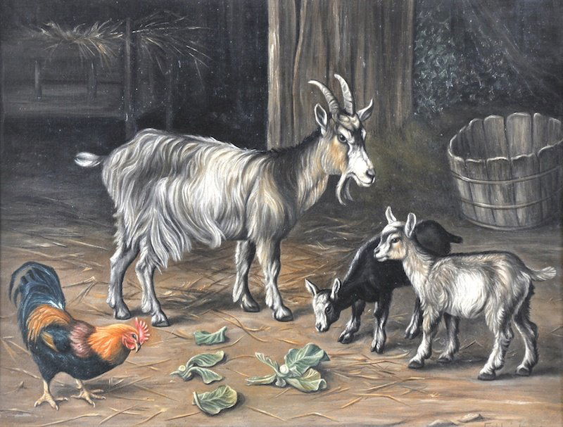 Manner of Edgar Hunt. (1876-1953) A Farm scene w: Manner of Edgar Hunt. (1876-1953) A Farm scene with Goats and a Chicken, Oil on Canvas, Bears a Signature and date 1907, 8” x 10”