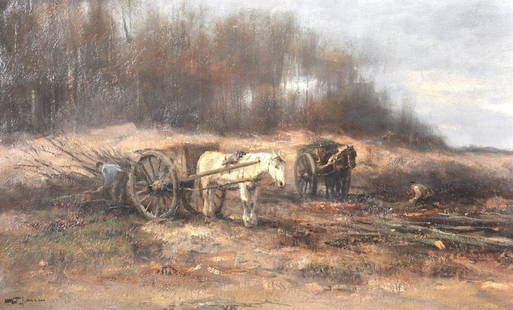 Willem George Frederik Jansen (1871-1949) Dutch.: Willem George Frederik Jansen (1871-1949) Dutch. A landscape with figures by two horse and carts, Oil on Canvas, Signed, 20” x 31. 5”