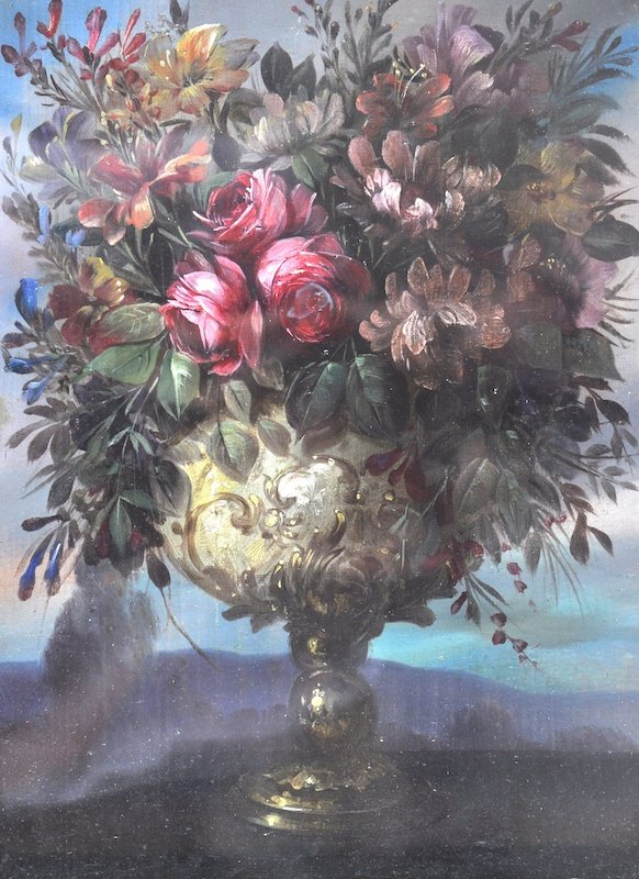 After; Henry-Theodore Fantin-Latour (1836-1904) F: After; Henry-Theodore Fantin-Latour (1836-1904) French. Still life with flowers in a vase, Oil on Panel, bears a signature, 12. 5” x 9”