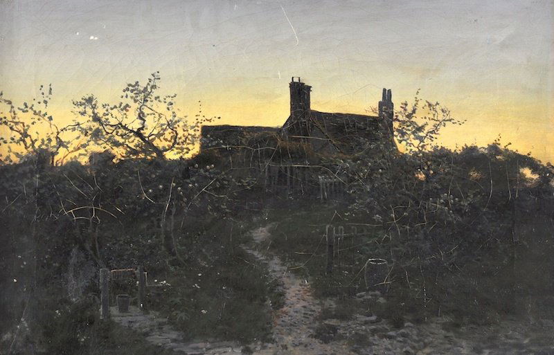 Circle of; John Atkinson Grimshaw (1836-1893) Bri: Circle of; John Atkinson Grimshaw (1836-1893) British. A cottage at dusk, and a watermill in the foreground, Oil on Canvas, Unframed, 16” x 24. 5”