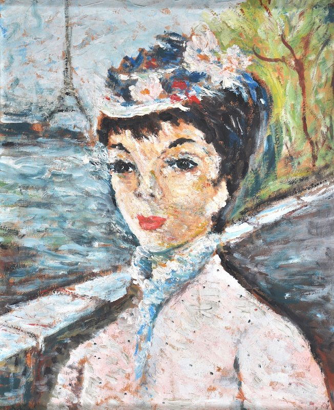 Attributed to; John Strevens. (1902-1990) Britis: Attributed to; John Strevens. (1902-1990) British. Portrait of a lady, with the Eiffel Tower beyond, Oil on Board, 18” x 15”