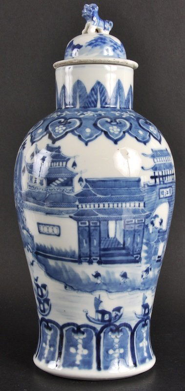 A LATE 19TH CENTURY CHINESE BLUE AND WHITE BALUST: A LATE 19TH CENTURY CHINESE BLUE AND WHITE BALUSTER VASE AND COVER painted with boats. Hairlines to rim, nick to lid. 14. 25ins high.