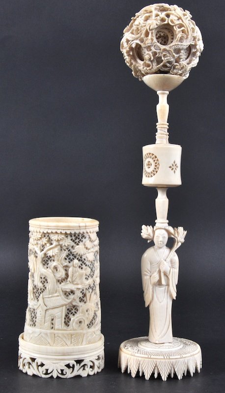 A 19TH CENTURY CHINESE CANTON IVORY PUZZLE BALL ON: A 19TH CENTURY CHINESE CANTON IVORY PUZZLE BALL ON STAND together with a Cantonese carved ivory tusk vase. Minor faults. 10ins & 4. 5ins high. (2)