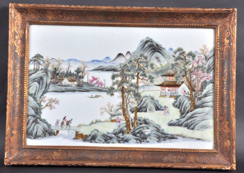 A GOOD 19TH CENTURY CHINESE PORCELAIN ENAMELLED P: A GOOD 19TH CENTURY CHINESE PORCELAIN ENAMELLED PLAQUE Jiaqing/Daoguang, finely decorated with figures standing within landscapes, one upon a donkey on a bridge. Good condition. Plaque 1ft 3ins x 9.5i