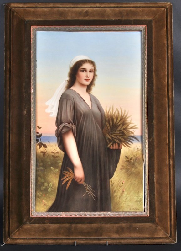 A SUPERB K.P.M. PORCELAIN UPRIGHT PLAQUE OF “RUTH: A SUPERB K.P.M. PORCELAIN UPRIGHT PLAQUE OF “RUTH” after R. DITTRICH, in a landscape carrying sheaths of corn. Impressed K.P.M. Inscribed on Reverse. 19 x 11ins.