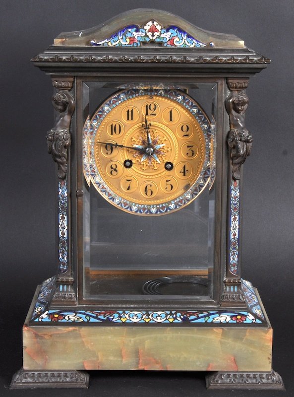 A VERY GOOD LARGE 19TH CENTURY FRENCH GREEN ONYX: A VERY GOOD LARGE 19TH CENTURY FRENCH GREEN ONYX AND CHAMPLEVE ENAMEL FOUR GLASS CLOCK with serpentine top and circular dial. 13.5ins high.