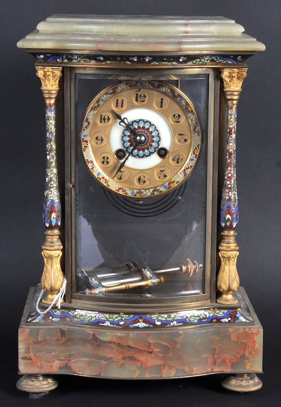 A 19TH CENTURY FRENCH GREEN ONYX AND CHAMPLEVE FO: A 19TH CENTURY FRENCH GREEN ONYX AND CHAMPLEVE FOUR GLASS CLOCK with serpentine front and column sides. 13.5ins high.