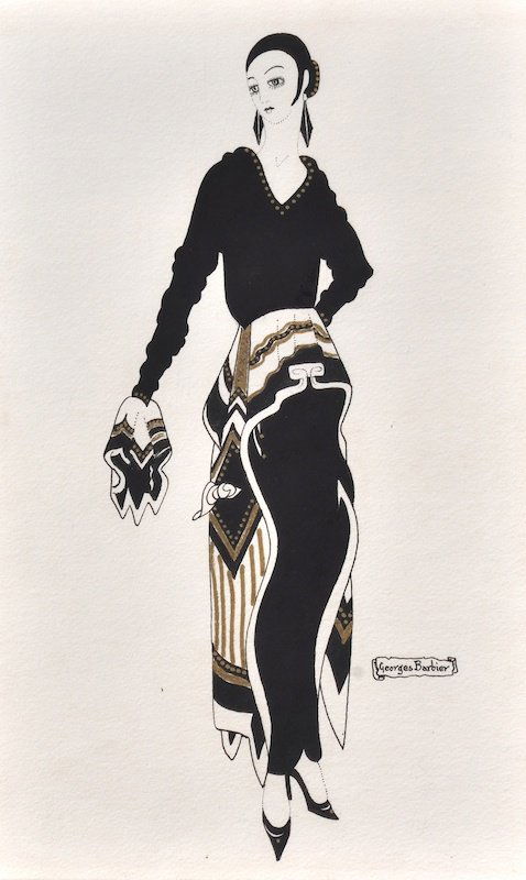 Georges Barbier (1882-1932) French. An elegant mo: Georges Barbier (1882-1932) French. An elegant model, Pen, Ink and Watercolour, with Gold Highlights, Signed, 13” x 8.5”