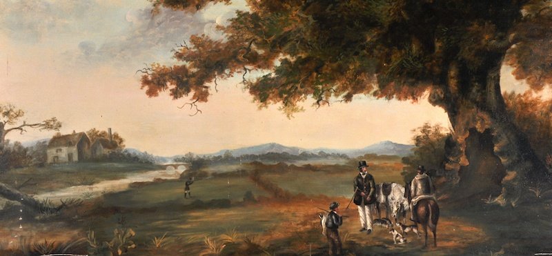 Early 19th Century English School. A Shooting sce: Early 19th Century English School. A Shooting scene, with figures conversing in the foreground, Oil on Panel, 20” x 42”, set within a George 1 Walnut “Trumeau” Overmantle Mirror, in Walnut and