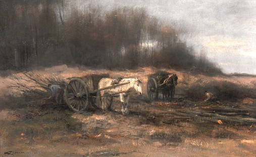 Willem George Frederik Jansen (1871-1949) Dutch.: Willem George Frederik Jansen (1871-1949) Dutch. A landscape with figures by two horse and carts, Oil on Canvas, Signed, 20” x 31.5”