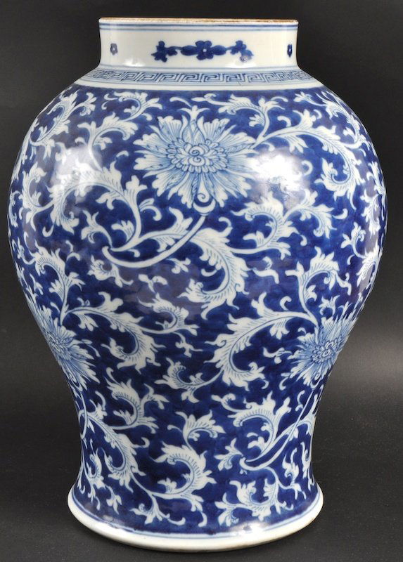 A CHINESE BLUE AND WHITE BALUSTER GINGER JAR beari: A CHINESE BLUE AND WHITE BALUSTER GINGER JAR bearing Chenghua marks to base, painted with floral scrolls. Good condition. 13. 5ins high.